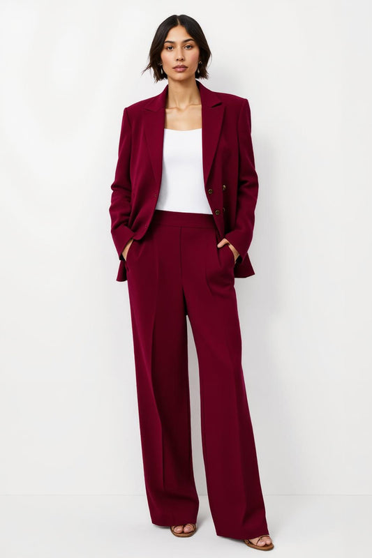 Burgundy Satin 2 Piece Notched Lapel Business Suits with Pockets
