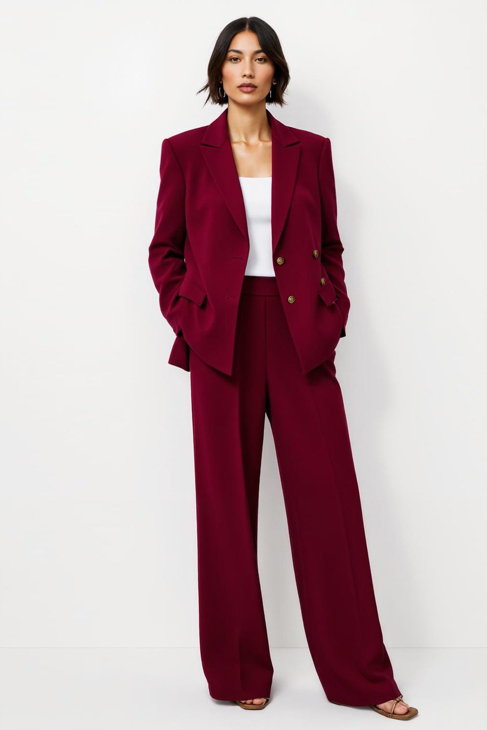 Burgundy Satin 2 Piece Notched Lapel Business Suits with Pockets