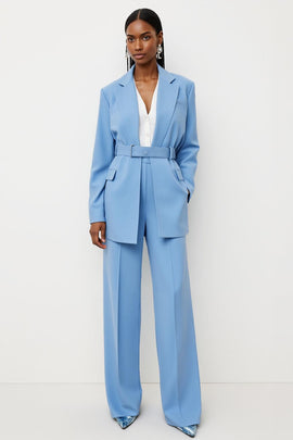 Blue 2 Piece Satin Notched Lapel Business Suits with Pockets