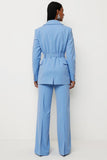 Blue 2 Piece Satin Notched Lapel Business Suits with Pockets