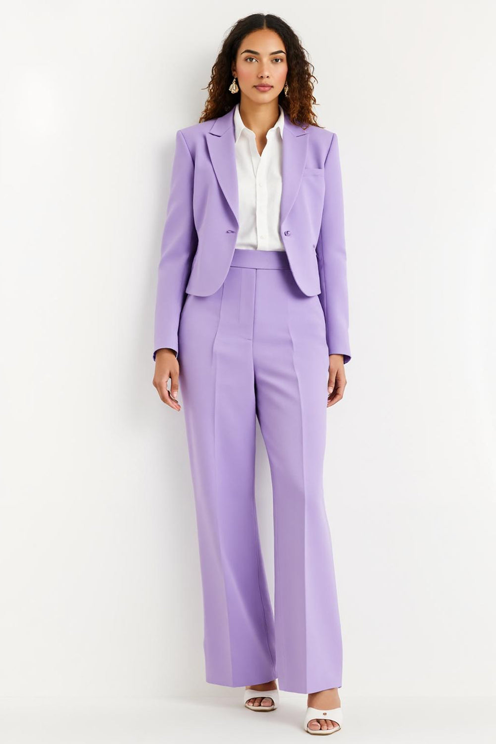 Purple Peak Lapel 2 Piece Satin Flare Leg Business Suits