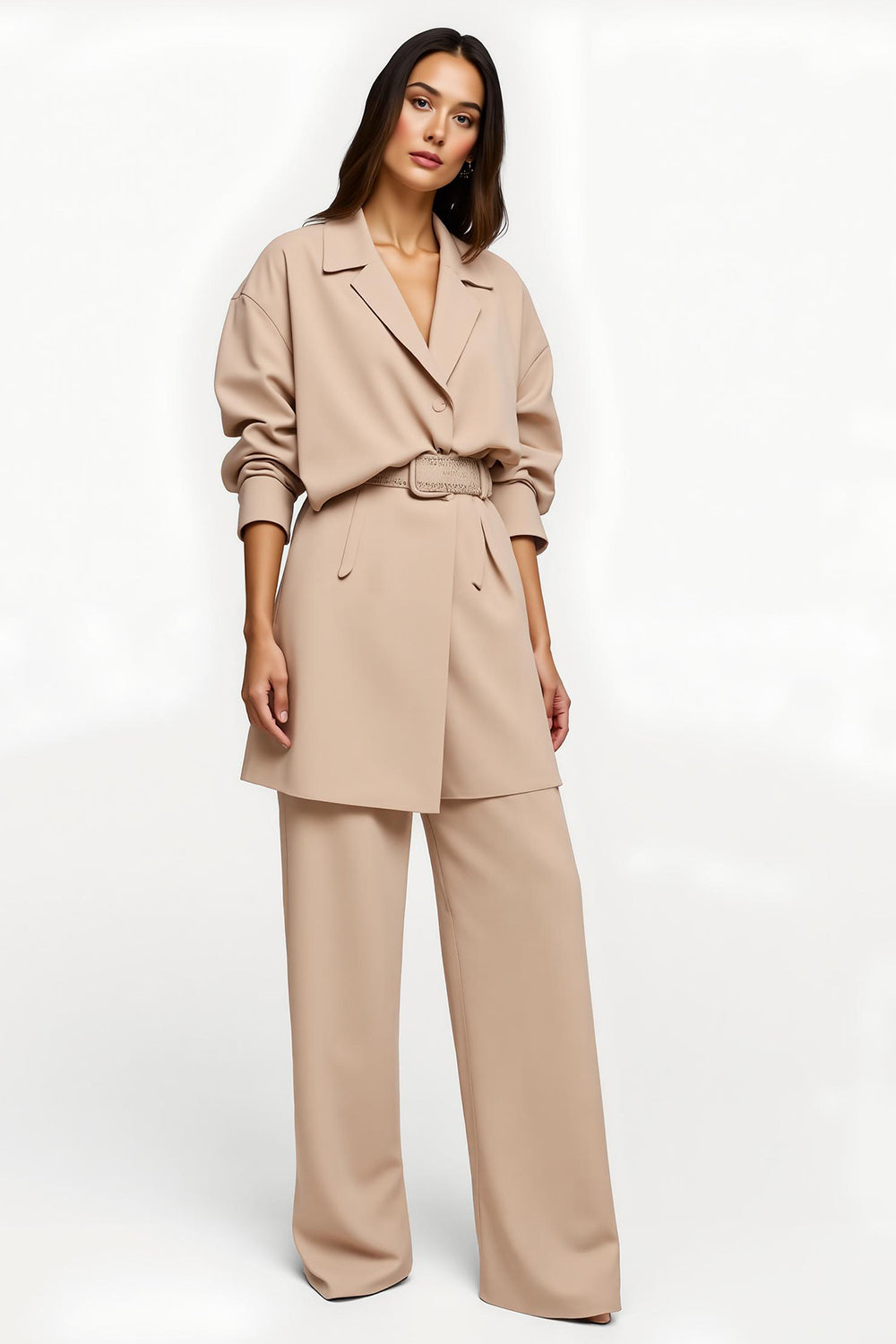 2 Piece Apricot Wide Leg Notched Lapel Business Suits with Belt