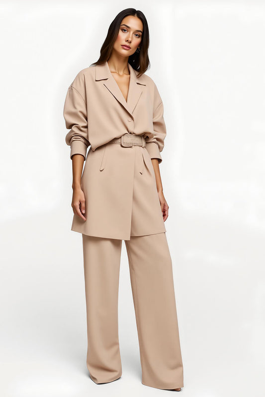 2 Piece Apricot Wide Leg Notched Lapel Business Suits with Belt