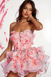Pink Floral Strapless Tiered Ruched Short Homecoming Dress with Ruffles