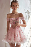 Pink Off the Shoulder Short Floral Homecoming Dress with Ruffles