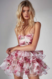 Pink Floral Tiered Ruched Strapless Short Homecoming Dress with Ruffles