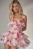 Pink Floral Tiered Short Strapless Homecoming Dress with Ruffles