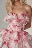 Pink Floral Tiered Short Strapless Homecoming Dress with Ruffles