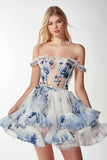 Sparkly White and Blue Short Floral Corset Homecoming Dress with Ruffles