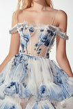 Sparkly White and Blue Short Floral Corset Homecoming Dress with Ruffles