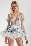 Sparkly White and Blue Floral Short Corset Homecoming Dress with Keyhole