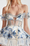 Sparkly White and Blue Floral Short Corset Homecoming Dress with Keyhole