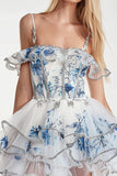 Sparkly White and Blue Corset Short Floral Homecoming Dress with Ruffles