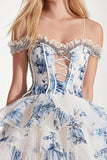 Sparkly White and Blue Ruffled Corset Floral Short Homecoming Dress