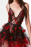 Sparkly Black and Red Corset Floral Short Homecoming Dress with Ruffles