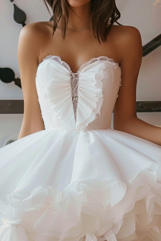 White Sweetheart A Line Short Homecoming Dress with Ruffles