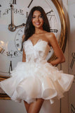 White Sweetheart Tiered Organza Short Homecoming Dress with Ruffles