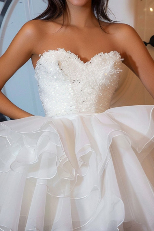 Sparkly White Ruffled Sweetheart Short Homecoming Dress with Sequins