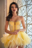 Sparkly Yellow Strapless Lace Up Front Short Homecoming Dress with Ruffles