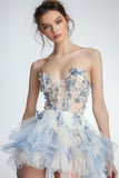 Sparkly White and Blue Floral Ruffled Short Homecoming Dress with Beading