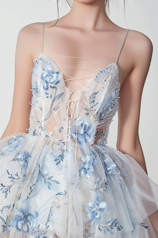 Sparkly White and Blue Lace Up Front Ruffled Short Floral Homecoming Dress