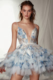 Sparkly White and Blue Ruffled Deep V-Neck Short Floral Homecoming Dress