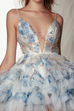 Sparkly White and Blue Ruffled Deep V-Neck Short Floral Homecoming Dress