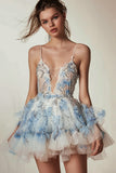 Sparkly Floral White and Blue Ruffled Short Homecoming Dress with Beading