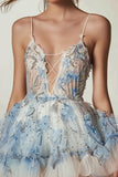Sparkly Floral White and Blue Ruffled Short Homecoming Dress with Beading