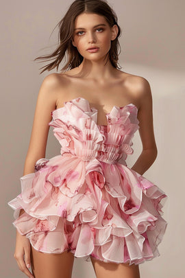 Strapless Pink Tiered Floral Short Homecoming Dress with Ruffles