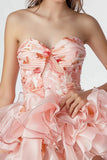 Pink Sweetheart Ruched Floral Short Homecoming Dress with Ruffles