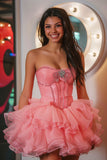 Sparkly Hot Pink Corset Ruffled Short Homecoming Dress with Beading