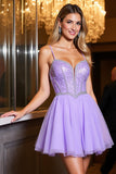 Sparkly Purple Tulle A Line Short Homecoming Dress with Beading