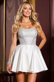 Sparkly White Strapless Short Satin Homecoming Dress with Beading
