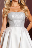 Sparkly White Strapless Short Satin Homecoming Dress with Beading