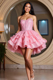 Sparkly Pink Sweetheart Beaded Short Homecoming Dress with Ruffles