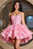Sparkly Pink Sweetheart Beaded Short Homecoming Dress with Ruffles