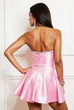 Sparkly Pink Strapless Satin Short Homecoming Dress with Beading