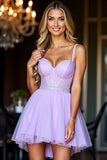 Sparkly Purple Tulle Short Corset Homecoming Dress with Beading