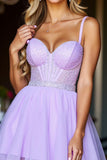 Sparkly Purple Tulle Short Corset Homecoming Dress with Beading