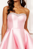 Sparkly Pink Sweetheart Short Satin Homecoming Dress with Beading