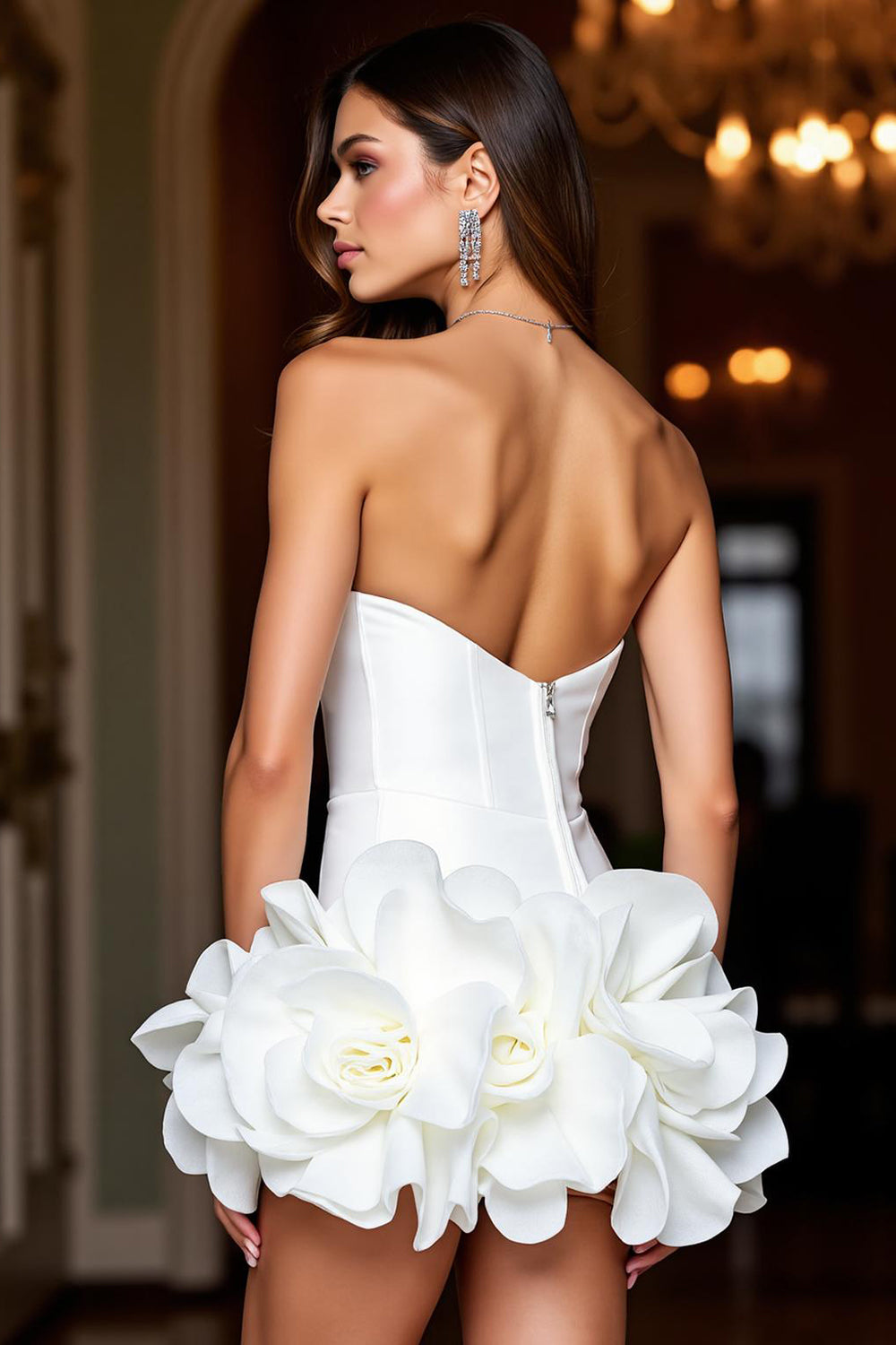 White Floral Strapless Tight Satin Short Homecoming Dress