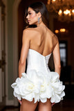 White Floral Strapless Tight Satin Short Homecoming Dress