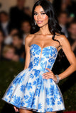 White and Blue Floral Sweetheart A Line Satin Short Homecoming Dress