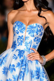 White and Blue Floral Sweetheart A Line Satin Short Homecoming Dress