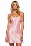 Pink Floral Spaghetti Straps Satin Short Homecoming Dress