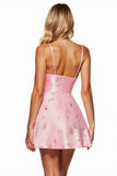 Pink Floral Spaghetti Straps Satin Short Homecoming Dress