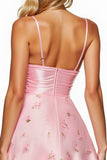 Pink Floral Spaghetti Straps Satin Short Homecoming Dress
