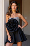 Sparkly Black Sweetheart Satin Short Homecoming Dress with 3D Flower