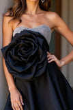 Sparkly Black Sweetheart Satin Short Homecoming Dress with 3D Flower